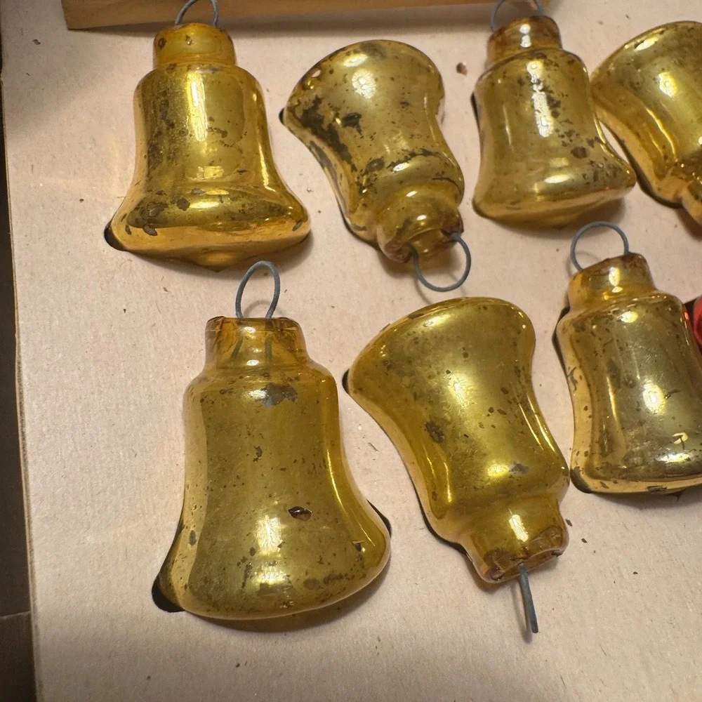 Vintage Shiny Brite Glass Tree Ornaments Bells ~ 8 Gold, 2 Red ~ 2 Wire Hangers